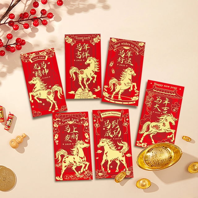 Sobres rojos del Año Nuevo Lunar Pack de 6 | Diseño de caballo auspicioso, clásico rojo y dorado, papel de arte grueso y resistente a desgarros, de gran tamaño, sin diseño, ideal para regalos en