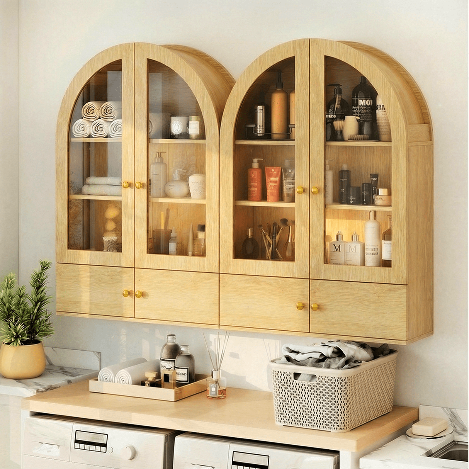 Flictozena Wall Mounted Arched Medicine Cabinet, Bathroom Storage Cabinet with Glass Doors and Adjustable Shelves, Over The Toilet Floating Cabinet for Small Spaces, Natural