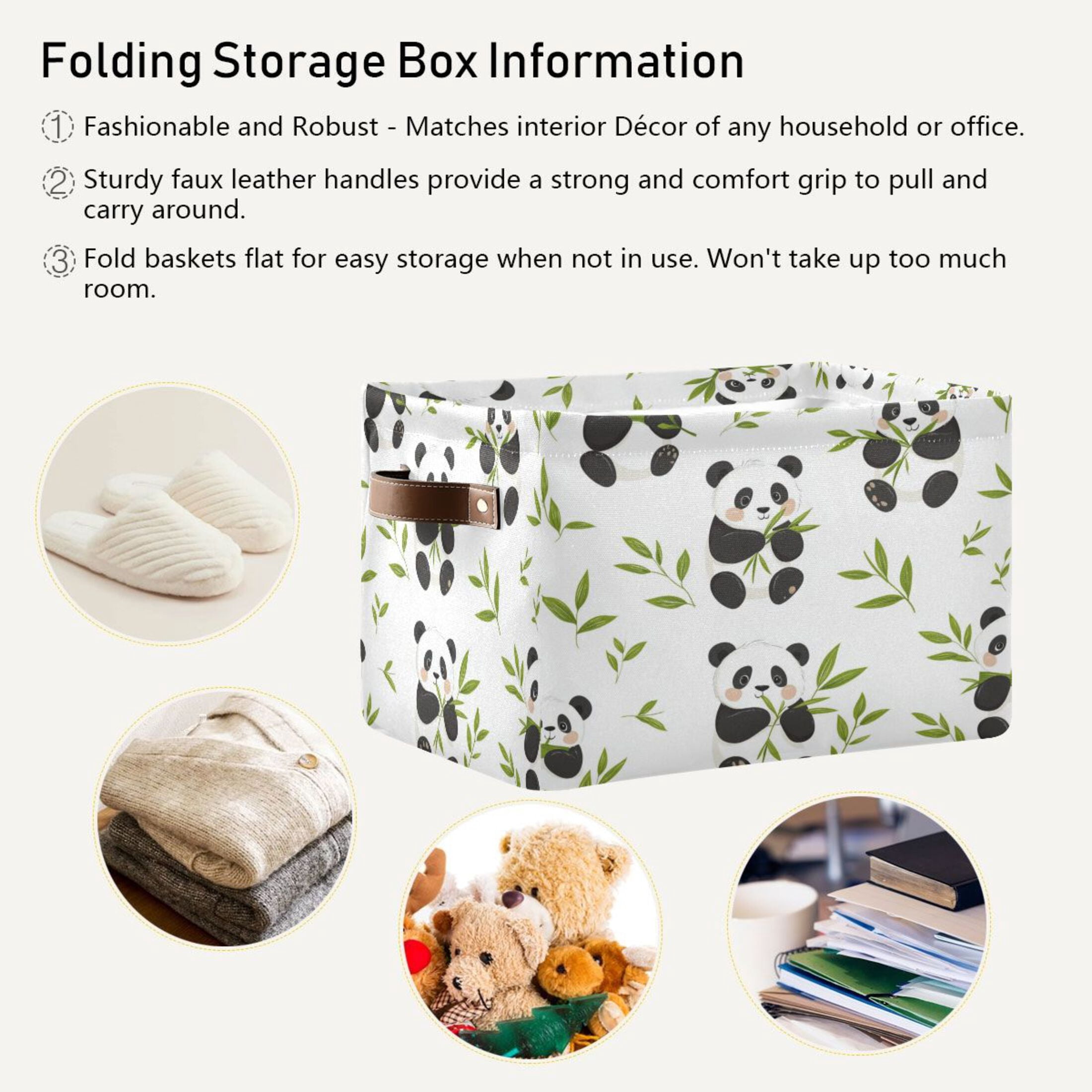Panda Eating Bamboo Foldable Storage Basket,Canvas Fabric Foldable Storage Bins with Handles Open Home Storage Bins Boxes for Toy Book Shelf Closet Baskets