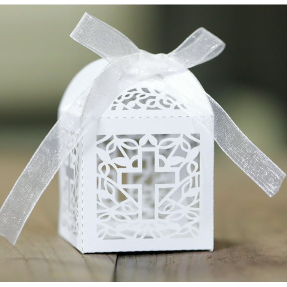 50pcs Hollow Wedding Candy Box, Ice White Pearlescent Candy Box, Wedding Cross Chocolate Carton