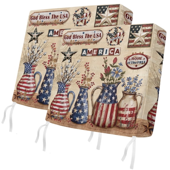 Outdoor Patio Cushion Covers 2 Pack Patriotic Star Flowers Patio Chair Cushion Covers with Ties and Zipper God Bless The USA Waterproof Outdoor Seat Cushion Covers for Patio Furniture 22"x22"