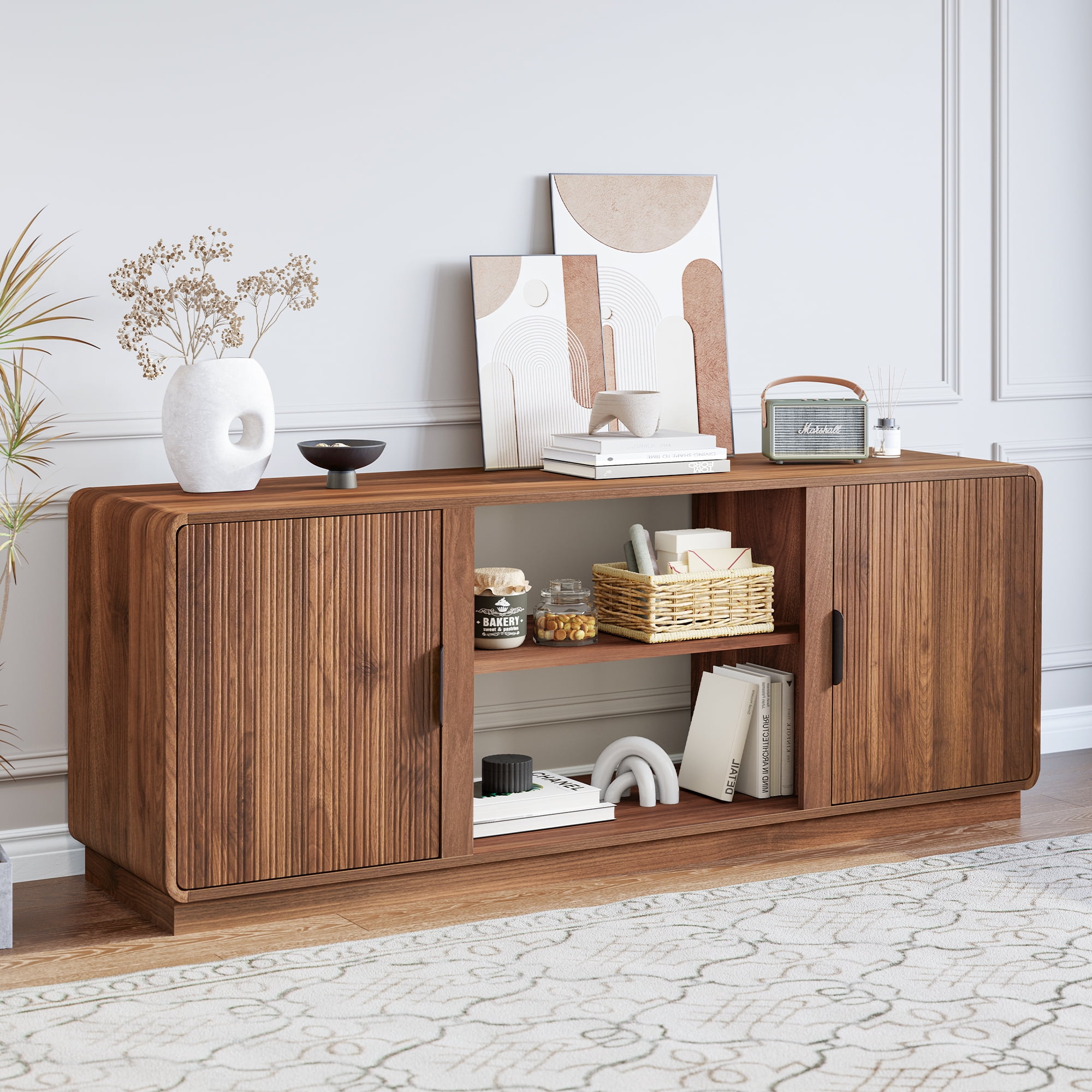 LEFHDA 60-inch Mid Century Modern TV Stand with Fluted Design & 2 Storage Cabinets, Entertainment Center for TVs up to 75" with Adjustable Shelf and Cable Management