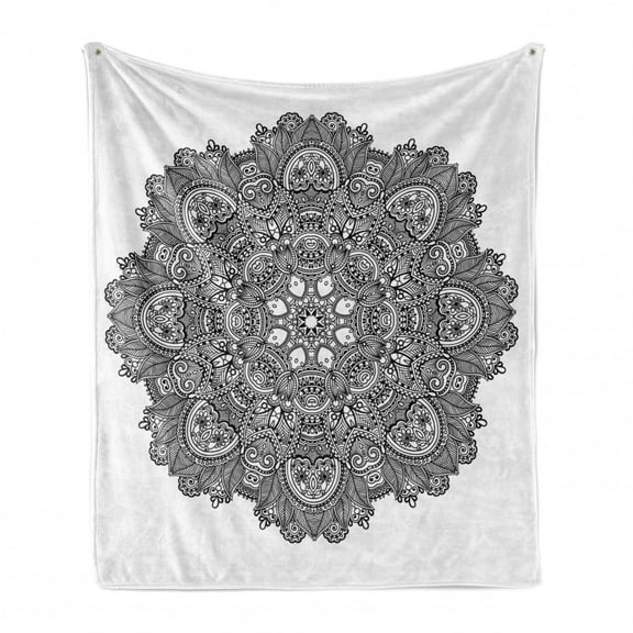 Lotus Soft Flannel Fleece Throw Blanket, Ornamental Mandala with Lace Pattern Featured Mixed Flower Petals Folk Design, Cozy Plush for Indoor and Outdoor Use, 50" x 60", Black White, by Ambesonne