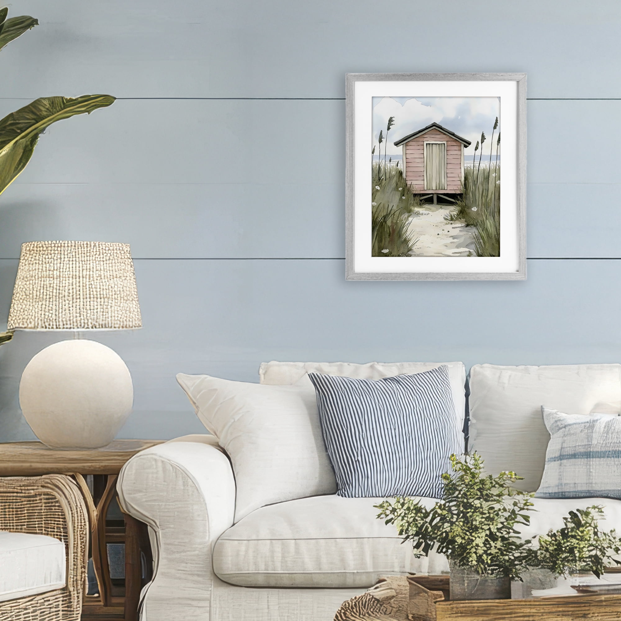 Stupell Industries Coastal Calm Pink Beach Hut Gray Framed Print Under Glass, design by Riley B
