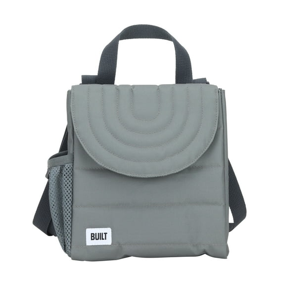 BUILT Insulated Reusable Polyester Kids Lunch Box Puffer Bag with Side Pocket, Grey