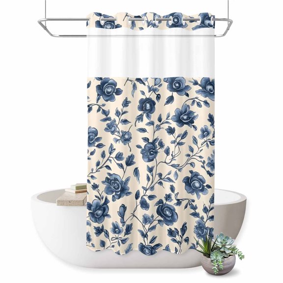 No Hook Shower Curtain, Navy Blue Floral Shower Curtains for Bathroom with See Through Top Window, Spring Vintage Blossom Botanical Waterproof & Washable Bath Curtain Small Stall 36"x78"