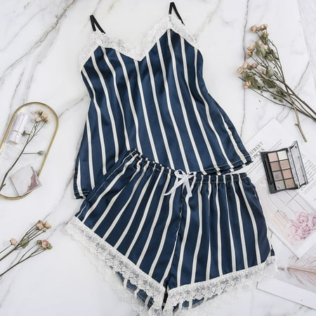 

Womens Satin Pajamas Set Camisole Top Shorts Pj Set Sleepwear Set 2 Piece Stripe Lingerie Short Sets Nightwear