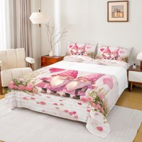 Homewish Cartoon Gnome Child Queen Sheet Sets, Love Heart Balloon Flat Sheet, Pink Groovy flower Queen Fitted Sheet, Breathable Home Decor, 4 Pieces