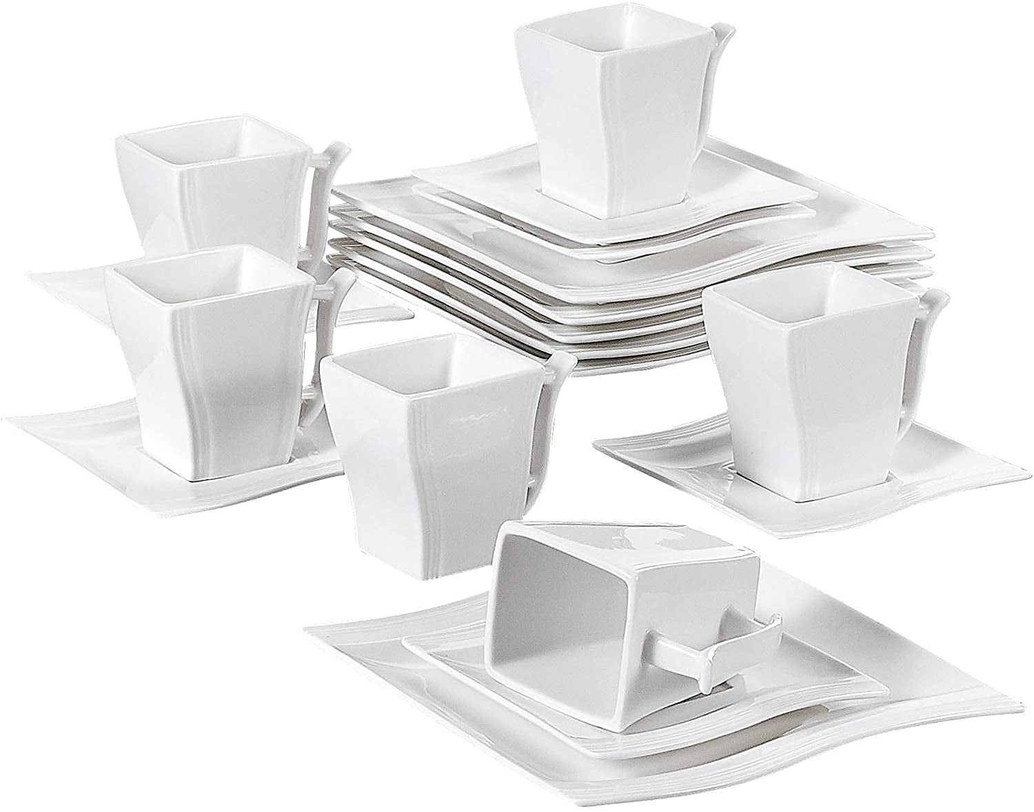 36-Piece Dinner Set Wave Shaped Ivory White Porcelain Coffee Set with 12-Piece Cups/Saucers/Dessert Plates Service for 12 People Series Flora MALACASA 