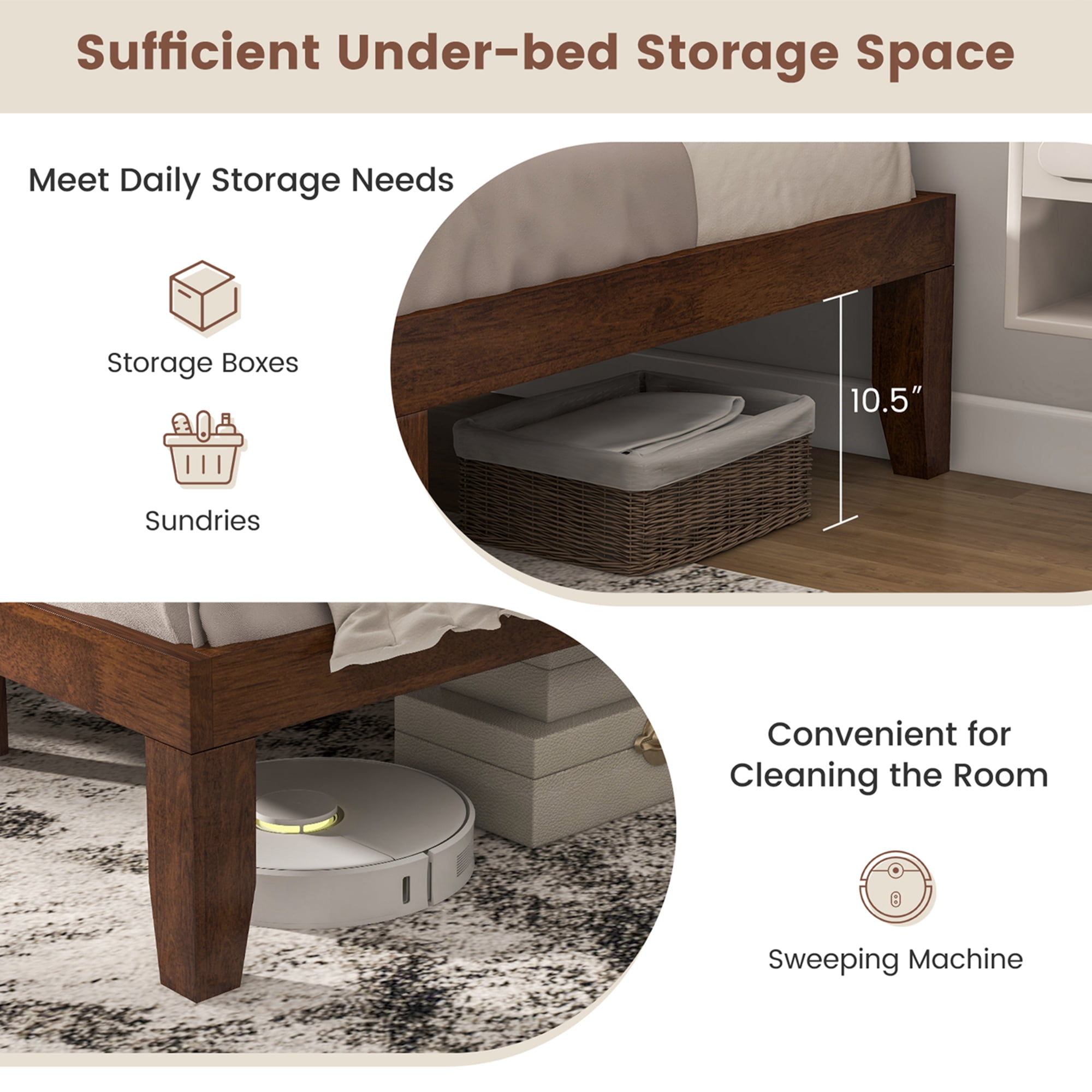 Costway Adult Queen Modern Rubber Wood Platform Bed, Brown Cherry