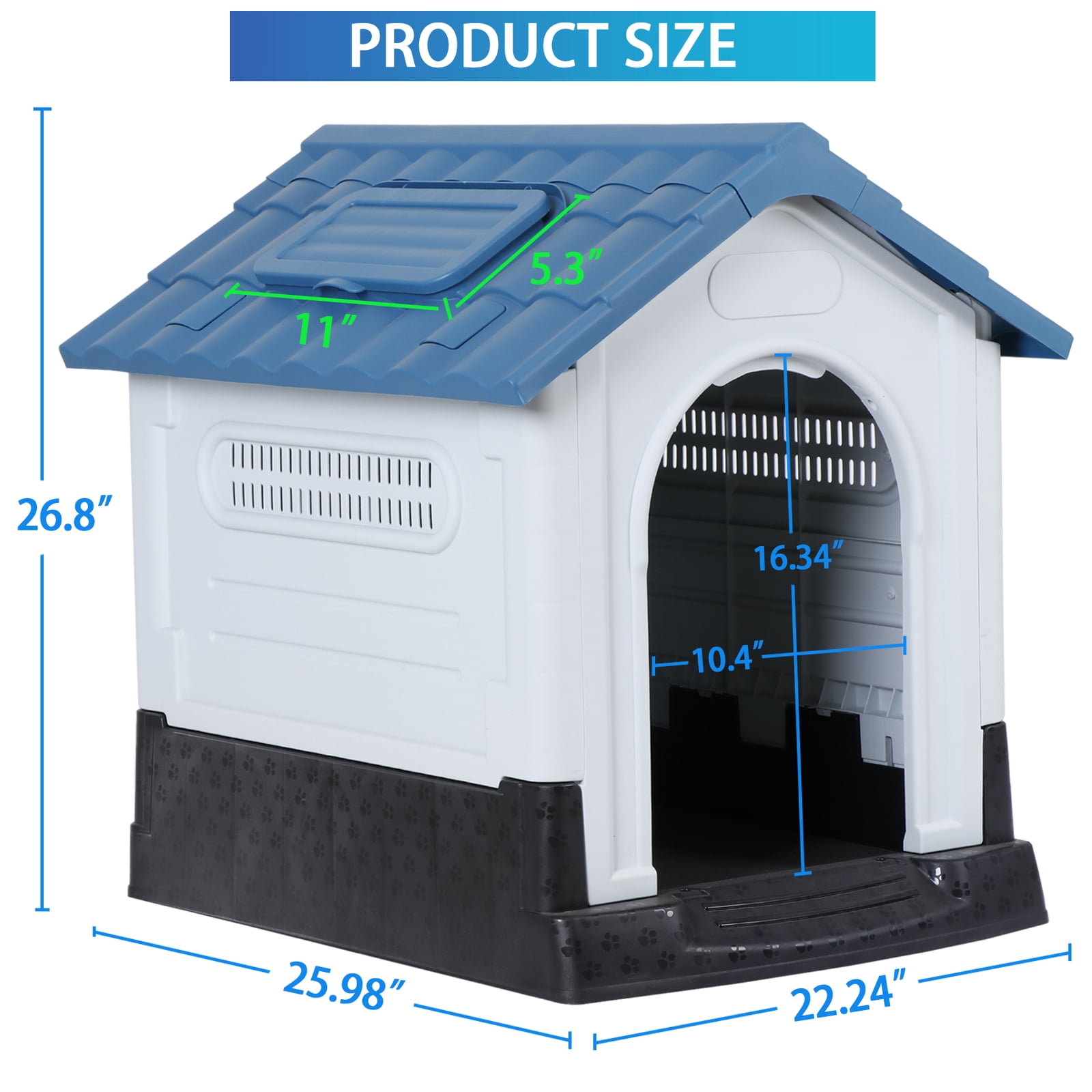 Plastic Dog House Indoor Outdoor Dog Kennel Easy to Assemble Puppy Shelter with Adjustable Skylight Elevated Floor Waterproof,Blue