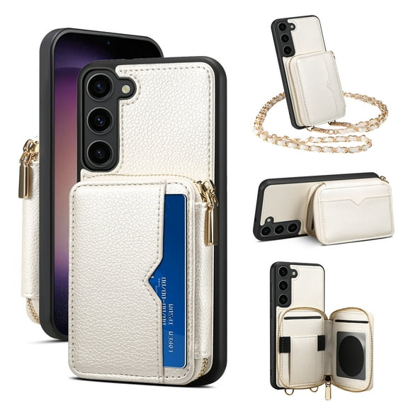 ELEHOLD for Samsung Galaxy S23 Plus 6.6" Crossbody Leather Case,Card Slots Zipper Wallet Kickstand Premium Leather Full Body Protection with Metal Shoulder Strap Wallet Case, White