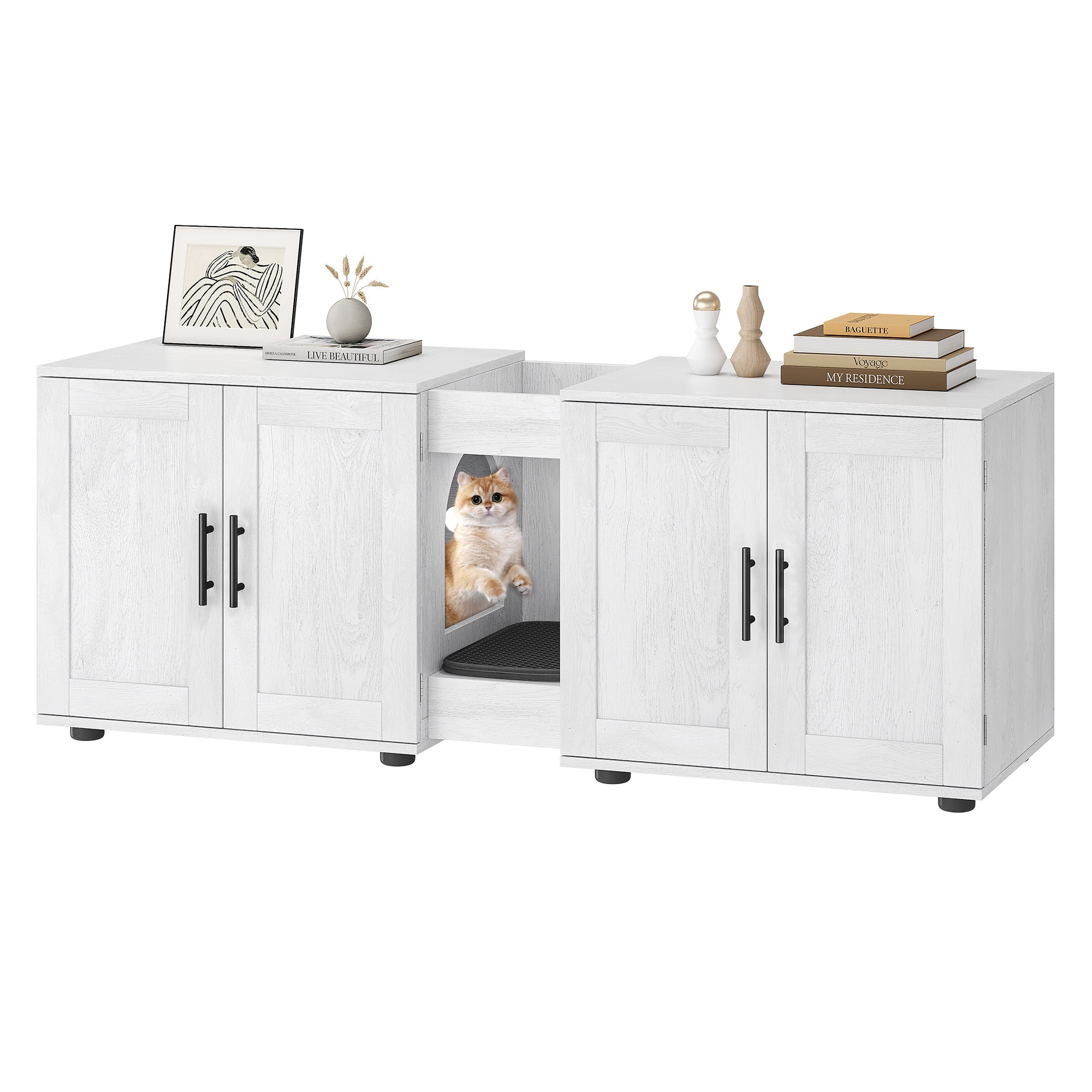 Litter Box Enclosure for 2 Cats, Hidden Cat Litter Box Enclosure Furniture with Double Cage Room, Wooden Enclosed Cat Litter Box Furniture,Cat House,55”L x 17.7”W x 22.5”H