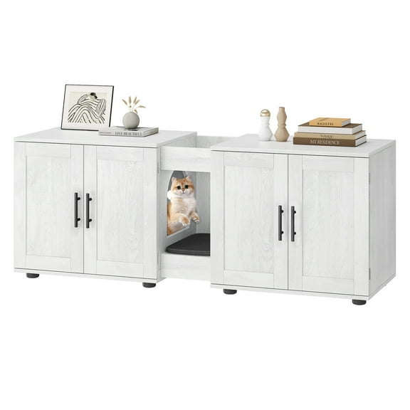 Litter Box Enclosure For 2 Cats, Double Hidden Litter Box Furniture Large Wooden Cat Washroom Indoor Cat House Cabinet TV Stand End Table