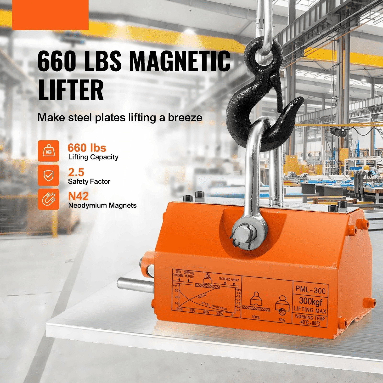 Magnetic Lifter 660 lbs Capacity - Heavy Duty Neodymium Lifting Magnet - Steel Plate & Round Bar Handler - Shop Crane & Hoist - 2.5 Safety Factor