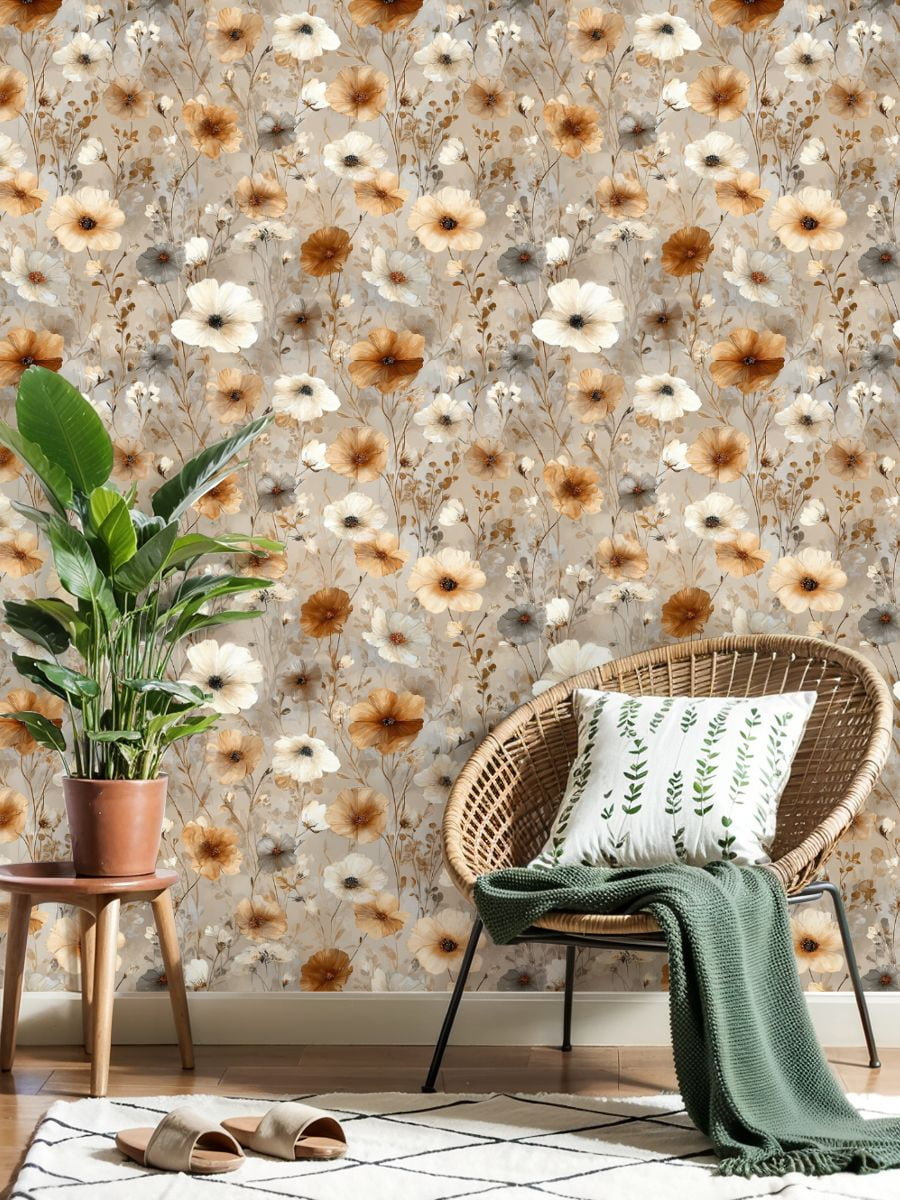 Peel and Stick Wallpaper Soft Floral Beige White Gray Flowers Light Wall Mural 17.7in x 9.8ft Self Adhesive Removable Wall Paper Renter Friendly Wallpaper for Nursery Bedroom Cabinets