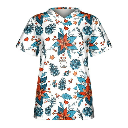 

Chriatmas Scrub Tops Women Medical Scrub Shirts Snowman Print Nurse Uniforms Short Sleeve Workwear Scrubs with Pockets