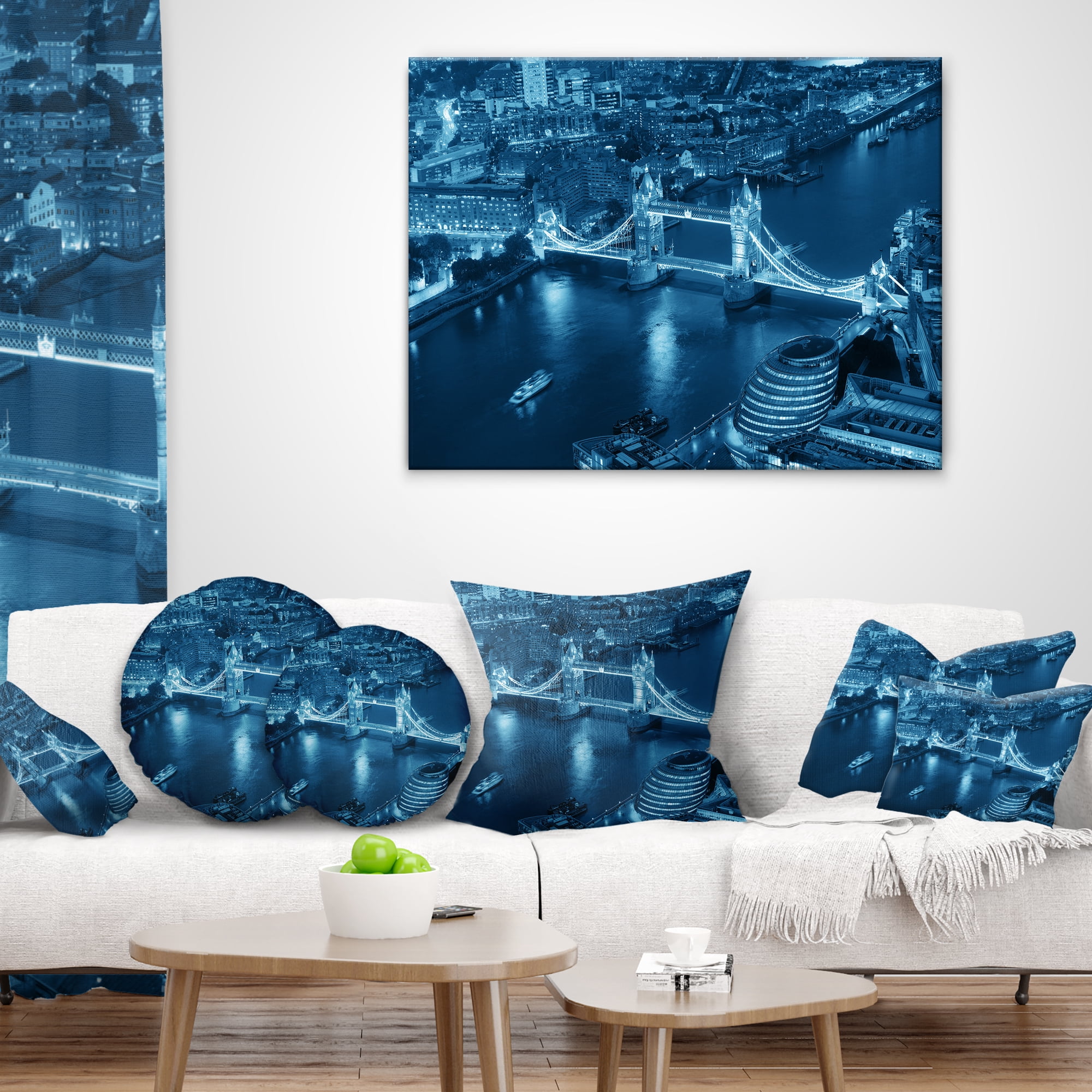 Designart Blue London Night Aerial View - Cityscape Throw Pillow - 18x18