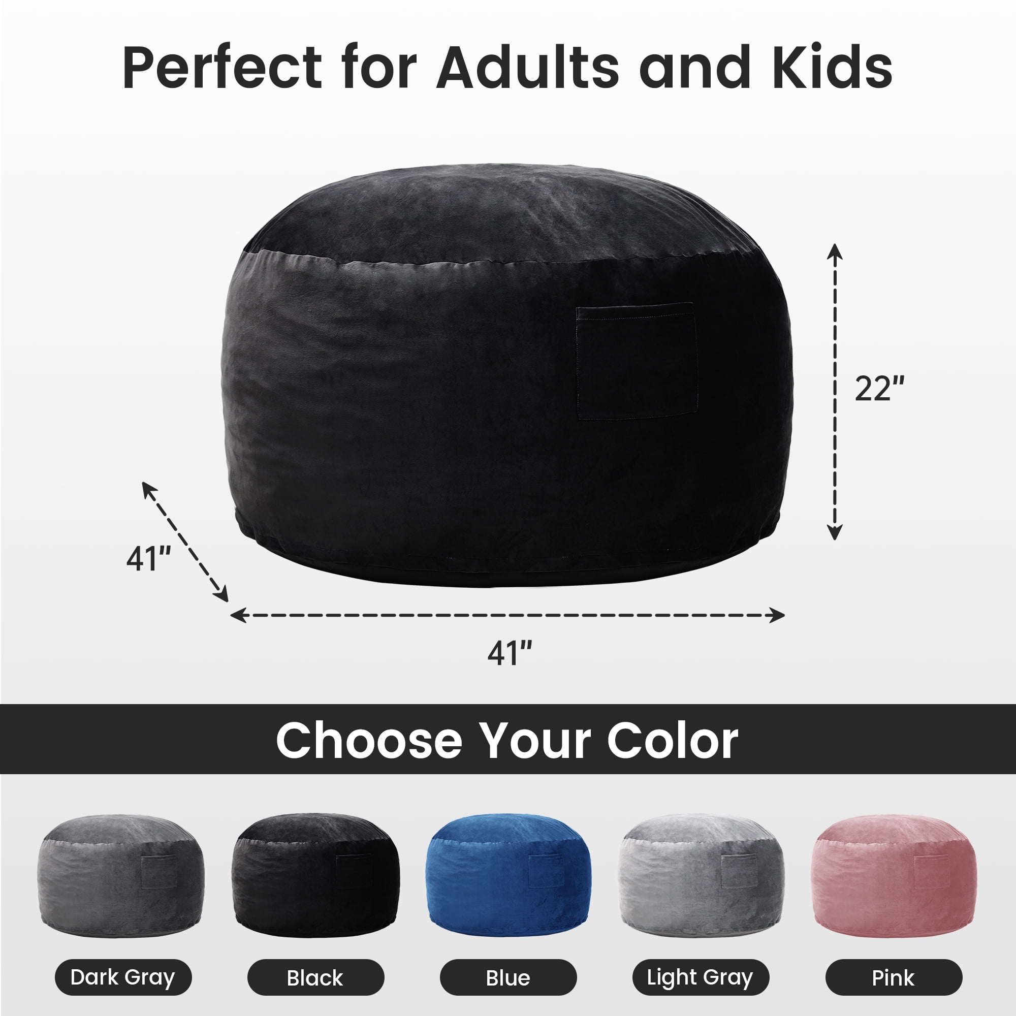 LOGYAT Extra Large 3.5ft Bean Bag Chair, Memory Foam Filling, Washable Suede Cover, Reinforced Zipper, for Kids, Teens, Adults, Black
