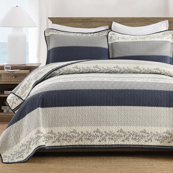 DUOHONG 100% Cotton Quilt Set King Size-106x98 Lightweight Striped Quilt Bedding Set,Reversible Gray Navy Quilted Bedspread Comforter for King Bed,3 Pieces