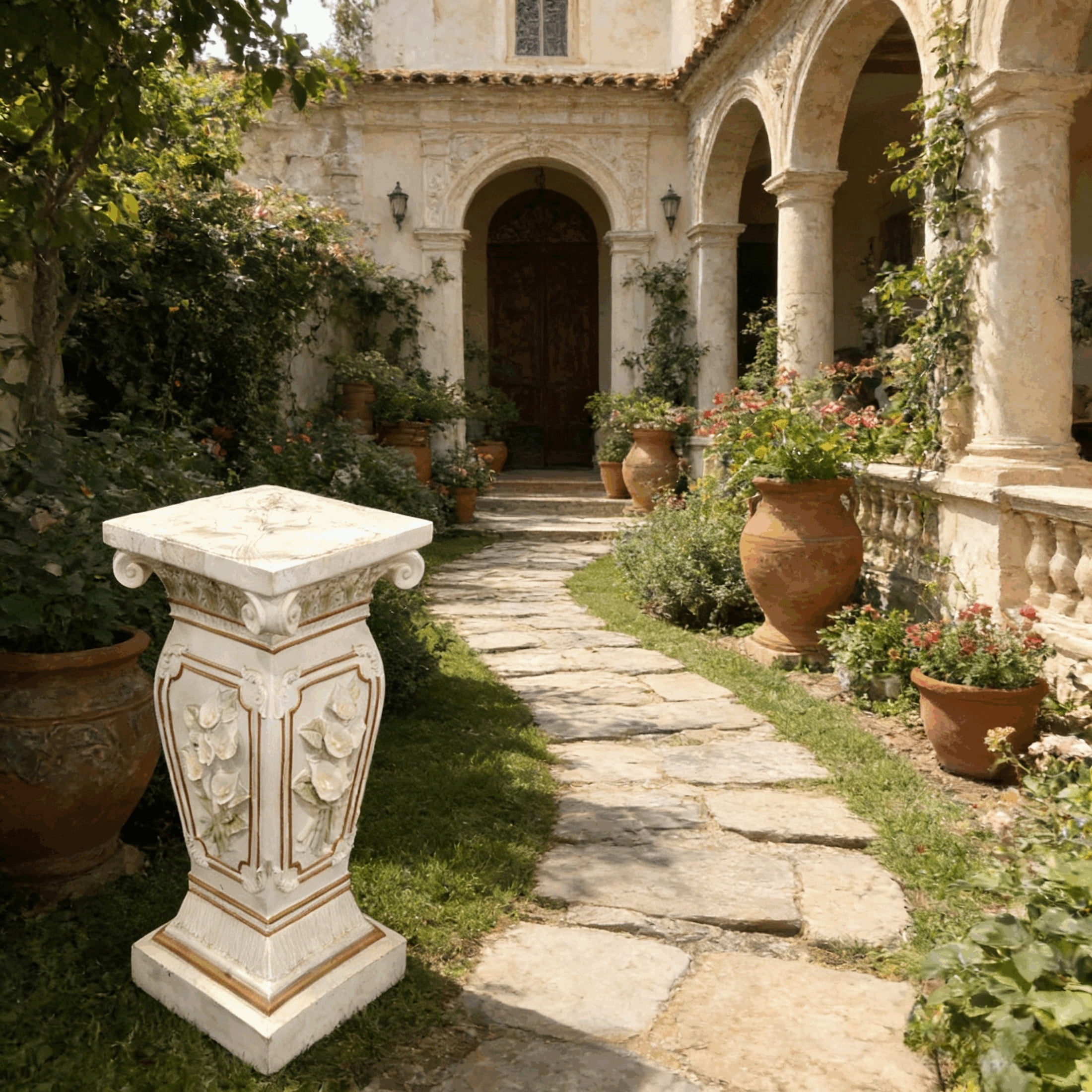 GDF Studio 22" European Style Floral Carved Roman Column Pedestal, Garden Display Stand for Statues & Ornaments