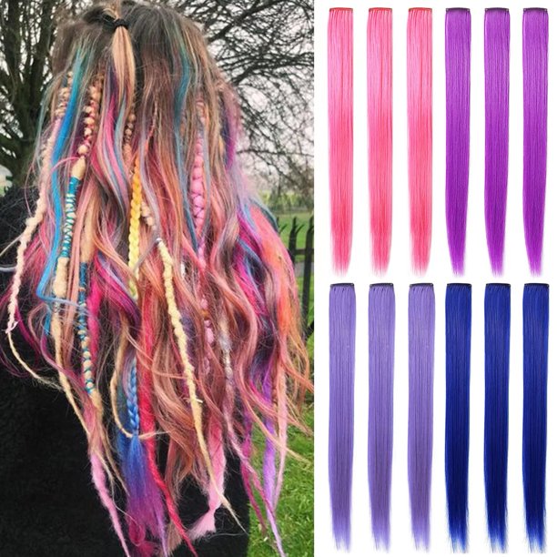 ECOCHARMS 12 piezas de extensiones de cabello con clip de lavanda, color rosa, morado y azul, extensiones de cabello liso para mujer, multicolor, reflejos de fiesta, postizos