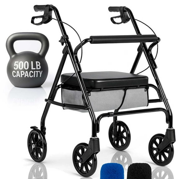 Vive Bariatric 4-Wheel Rollator Walker for Seniors – Heavy Duty 500 lbs Capacity, Lightweight Folding Walker with Seat & Brakes – Mobility Aid, Black