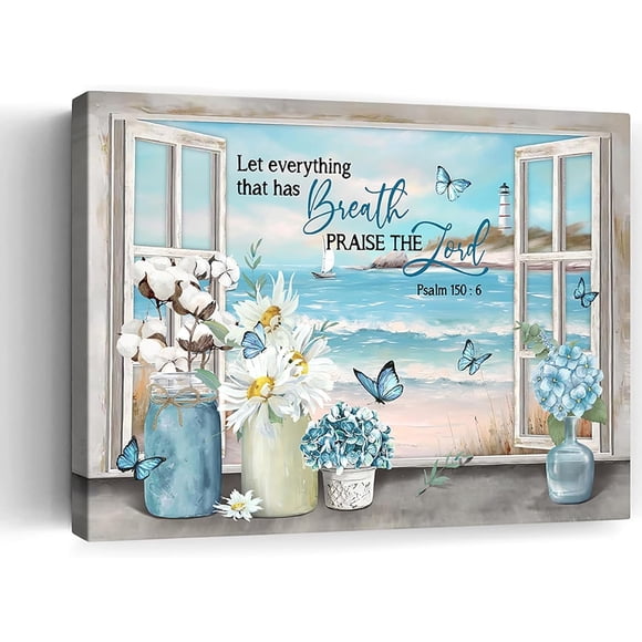 Farmhouse Cotton Flowers Bathroom Decor Wall Art Rustic Rustic Blue Butterfly Window Beach Picture Wall Decor Canvas Painting Printed Artwork Decoration Bedroom Bathroom Framed 12X16 Inch
