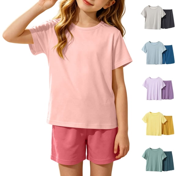 HAOTAGS Teen Girls Summer Short Sleeve Outfit Set (2-17) Soft Modal Cotton Two-Piece Lounge Sleepwear Pink Size 5T