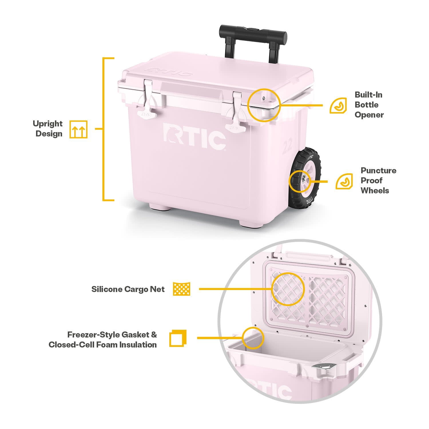 RTIC 22 QT Wheeled Hard-Sided Cooler, Fits 28 Cans or 6 Wine Bottles, Pale Pink