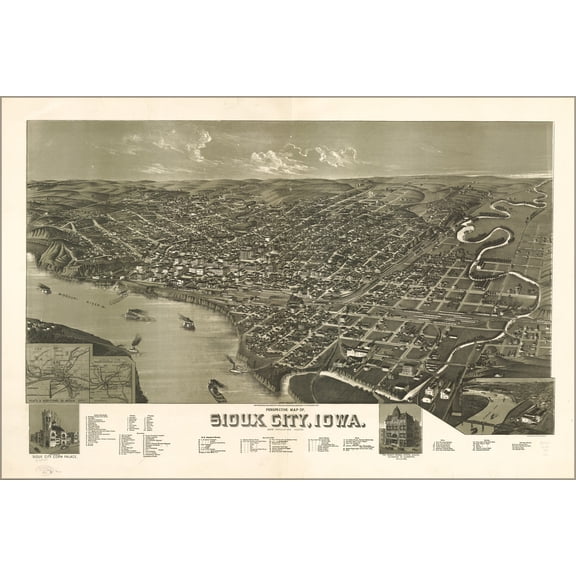 24"x36" Gallery Poster, Perspective map of Sioux City, Iowa. 1888