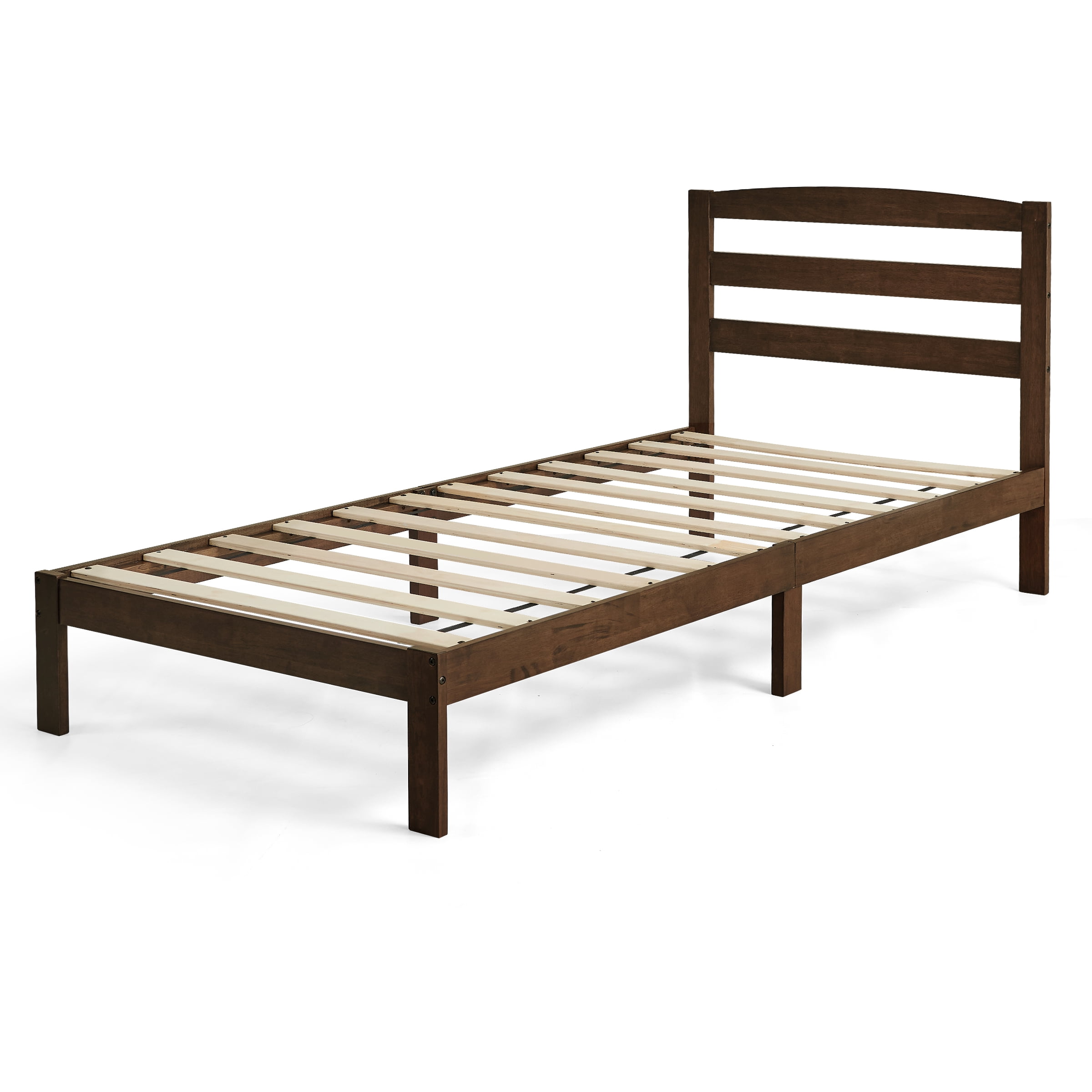 Twin Bed Frame, Wood Bed Platform with Headboard, No Box Spring, Dark Walnut