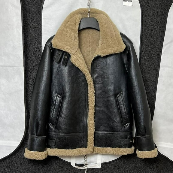 Man Winter Fashion Coat Genuine Leather Natural Real Sheepskin Lambskin Pilot Jacket for Male Thick Wool Liner Black Brown Plus Oversized 5XL 6XL 7XL,Black,S
