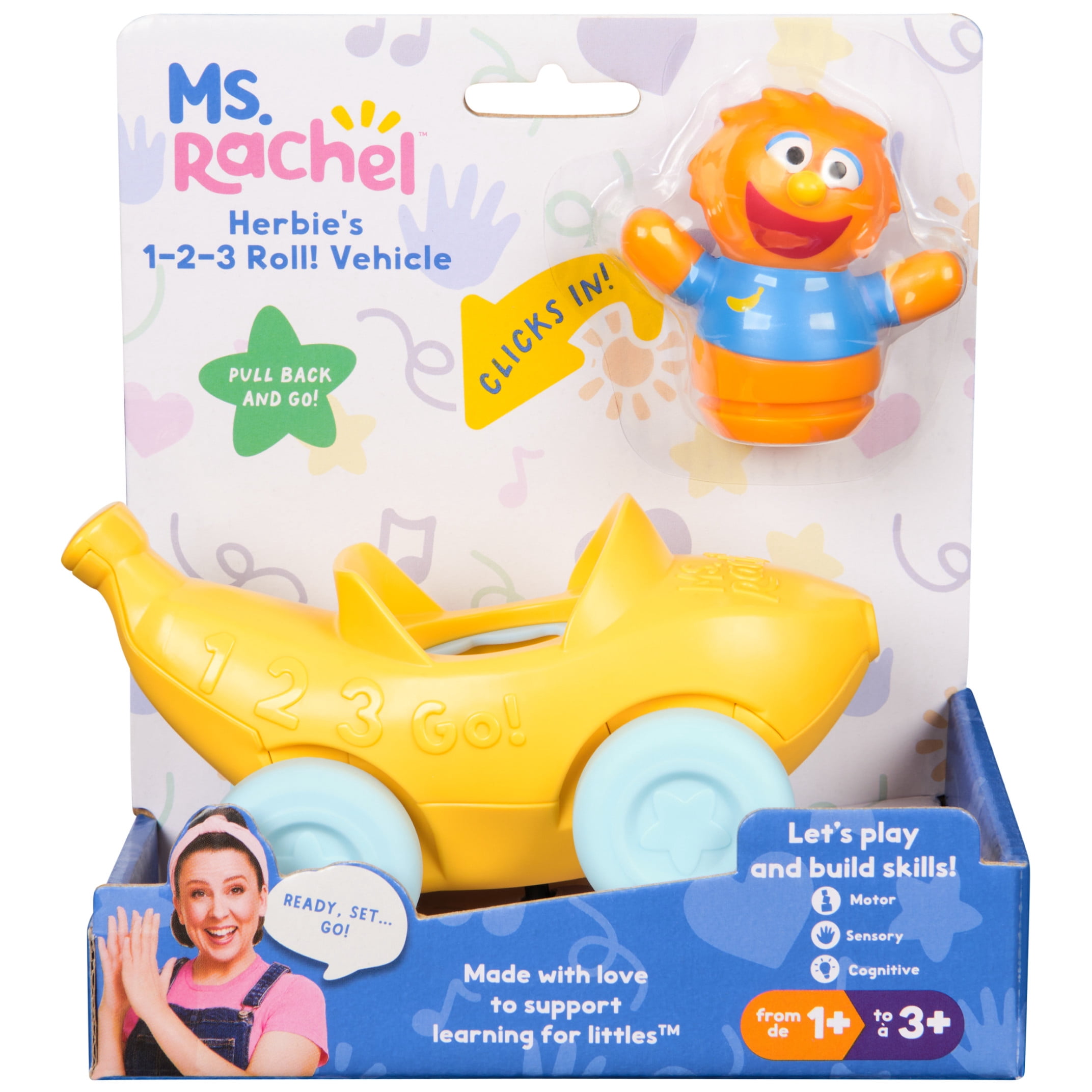Ms. Rachel, Herbie’s 1-2-3 Roll! Vehicle with Click-in Figure & Pull Back Action