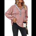 thumbnail image 3 of Sudadera con Capucha y Cordón de Color para Mujer, Cuello en V, Botones Delanteros, Suelta, Informal, de Larga, para Vacaciones de Otoño Rosa M, 3 of 10
