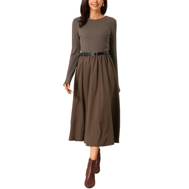 Vestido midi casual para mujer INSPIRE CHIC, con cuello redondo, mangas largas, fluido, vestido de otoño con cinturón, atuendos para citas y trabajo, color café
