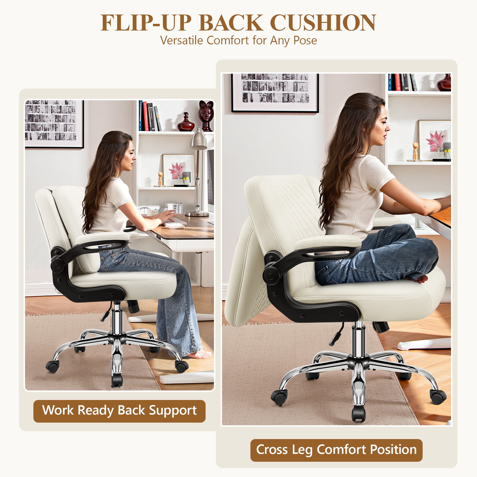 COOLHUT Criss Cross Chair with Flip-Up Arms and Wheels, Moveable Back Cushion Wide Seat Office Desk Chair, Height Adjustable Swivel Cross Legged Chair for Home Office, Study, Vanity, Beige