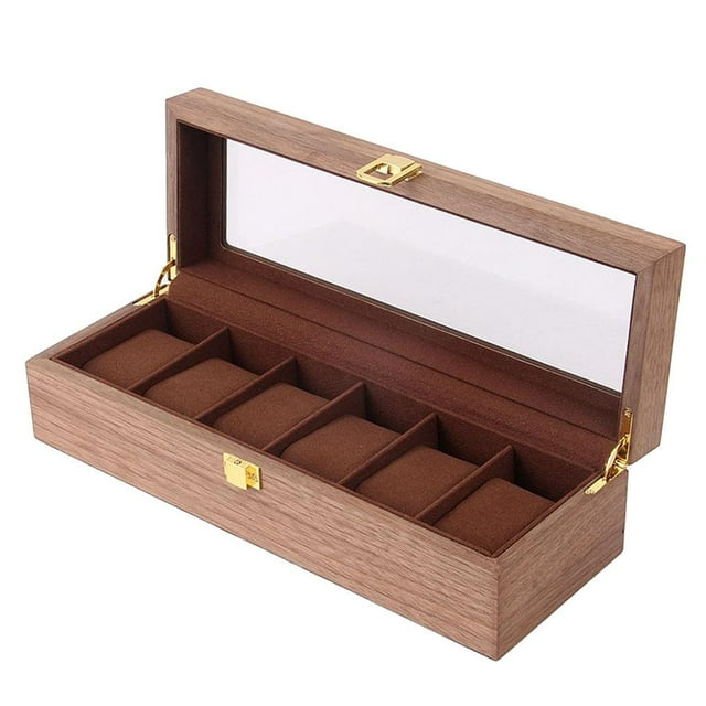 Glass Top 6Slot Watch Wood Case Display Organizer Storage Tray for Women - B B
