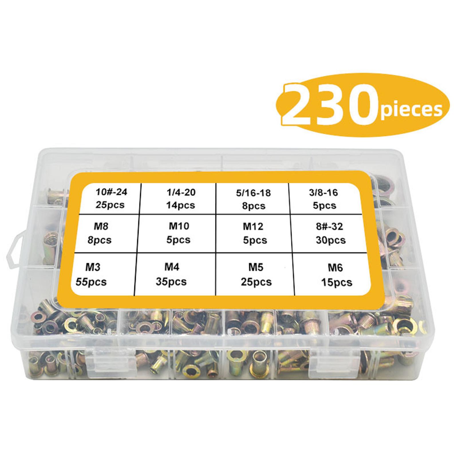 150/230Pcs SAE & Metric Rivets Nut Kit Carbon Steel Flat for Head Threaded Insert Nuts 8#-32 10#-24 1/4-20 5/16-18 3/8-1