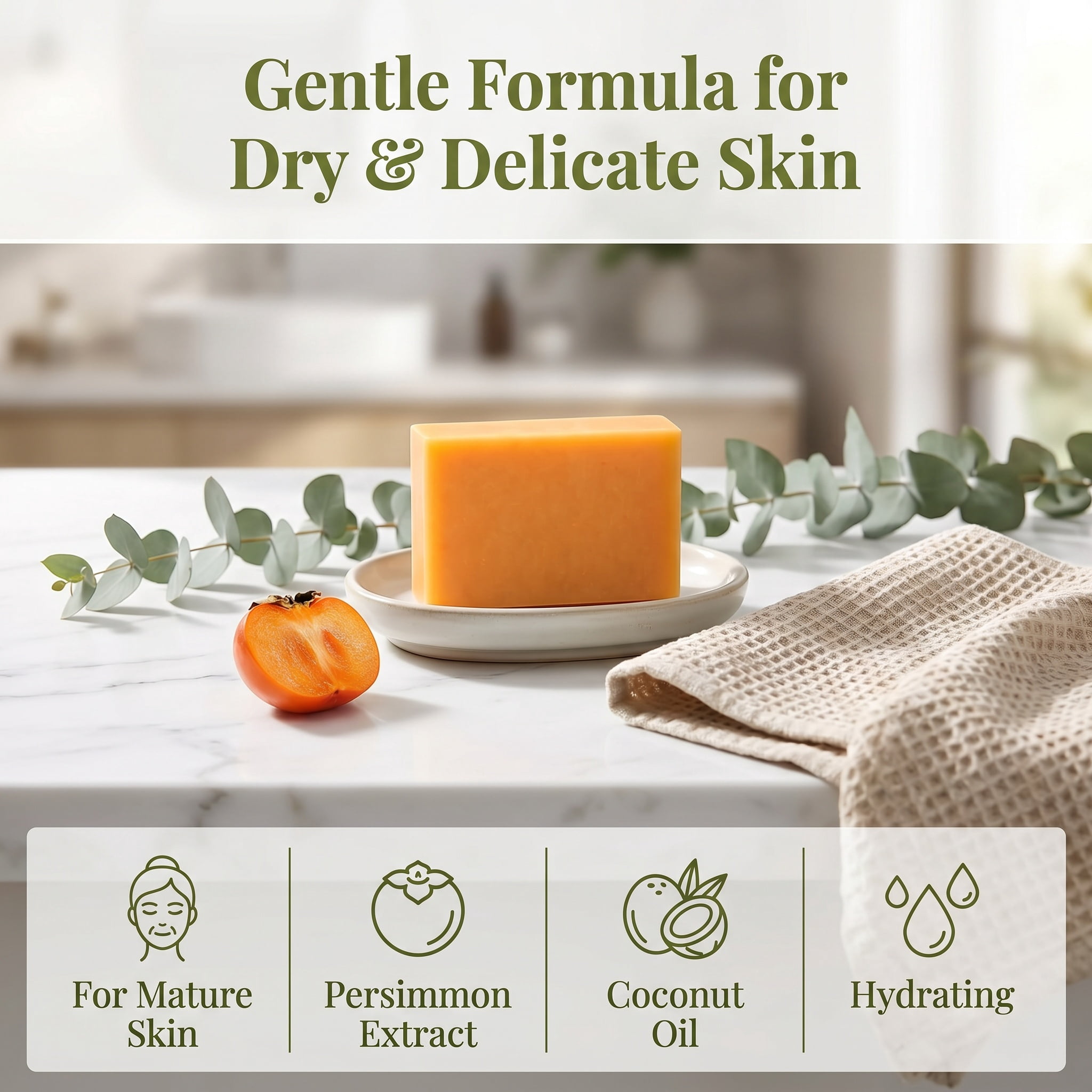 kaori Persimmon Soap for Body Odor, Japanese Persimmon & Green Tea Extract, Deodorizing Body Wash for Dry & Aging Skin, Natural Bar for Men and Women(1 PC)
