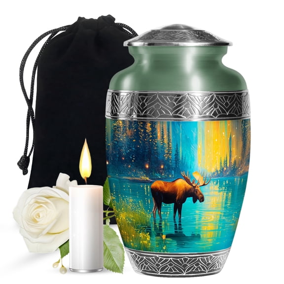 JAGASY Moose Unique Urn for Ashes for Women, Blue Urns for Human Ashes for Men, Forest Large Decorative Urns for Couple, Lake Water Cremation Urn for Husband & Wife, (10 Inch)