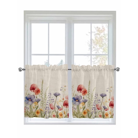 Half Window Curtain 36 Inches Long, Spring Floral Window Treatment Curtain Drapes, Colorful Summer Botanical Flowers Vintage Small Tier Curtains for Bathroom Over Sink, 27.5"x36", 2 Panels