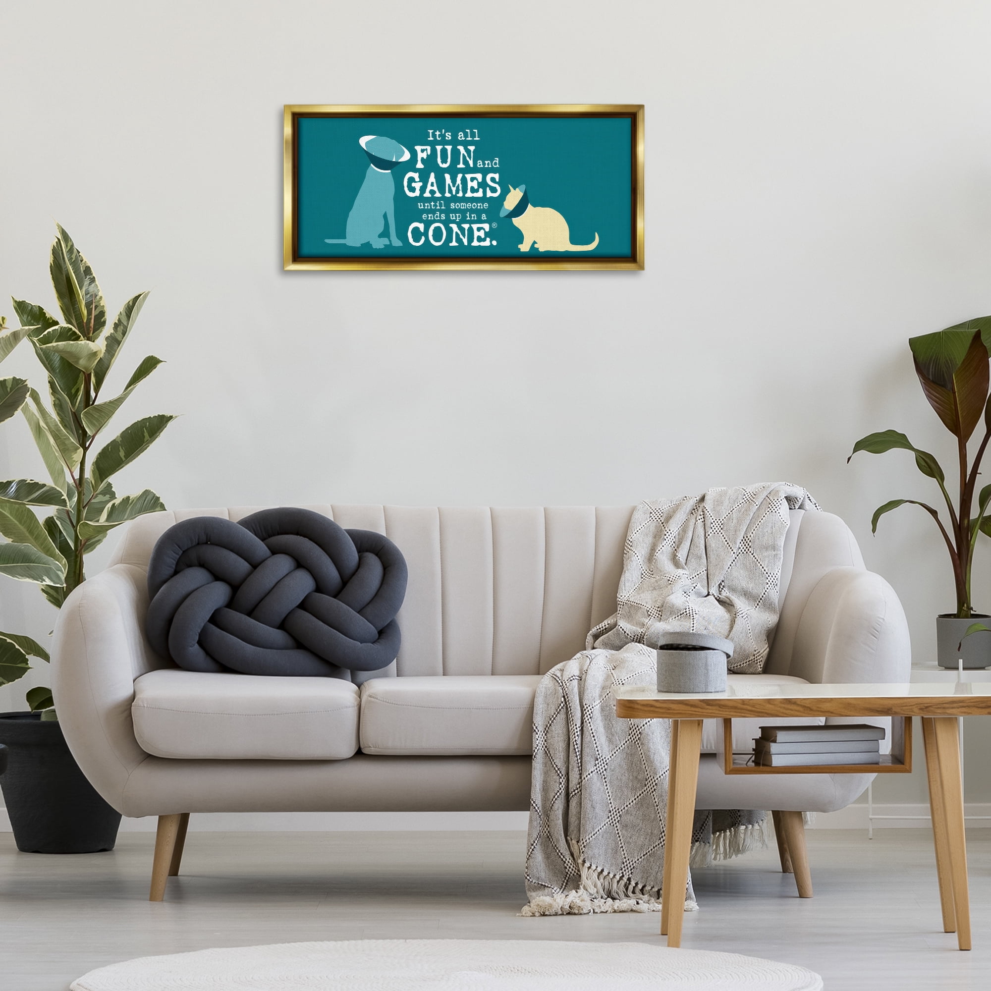 Stupell Industries Funny Cat & Dog Cone Animals Painting Gold Floater Framed Canvas Art Print Wall Art, 31 x 14