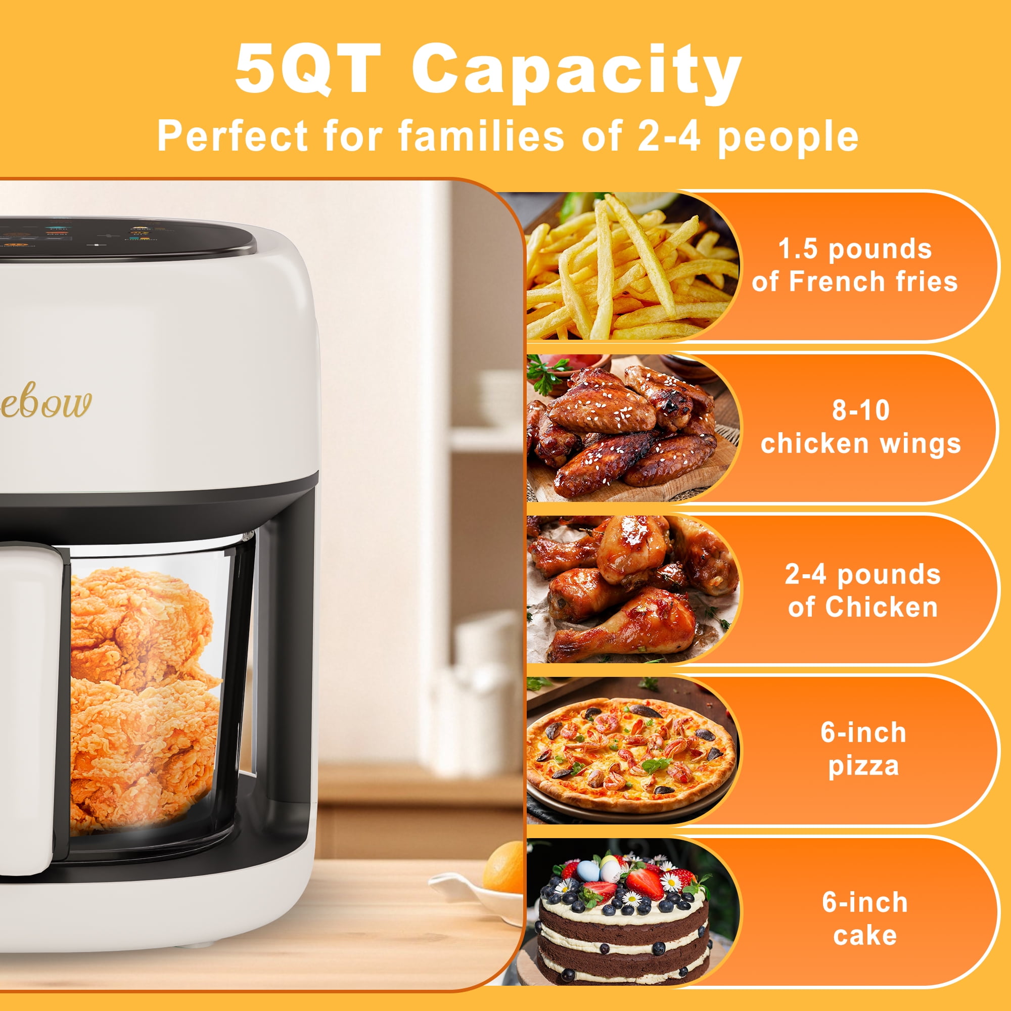 Bluebow 5 Quart Air Fryer with 360° Viewing Glass Pot, 8-in-1 Digital Touchscreen, Nonstick & Dishwasher Safe Basket, Less Oil, 1350W (White)