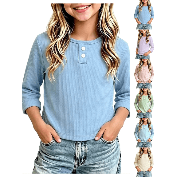 Girls Sweatshirt Nelozsy Kids Ribbed Long Sleeve Button Crew Neck Basic Top Blue 3-4Years