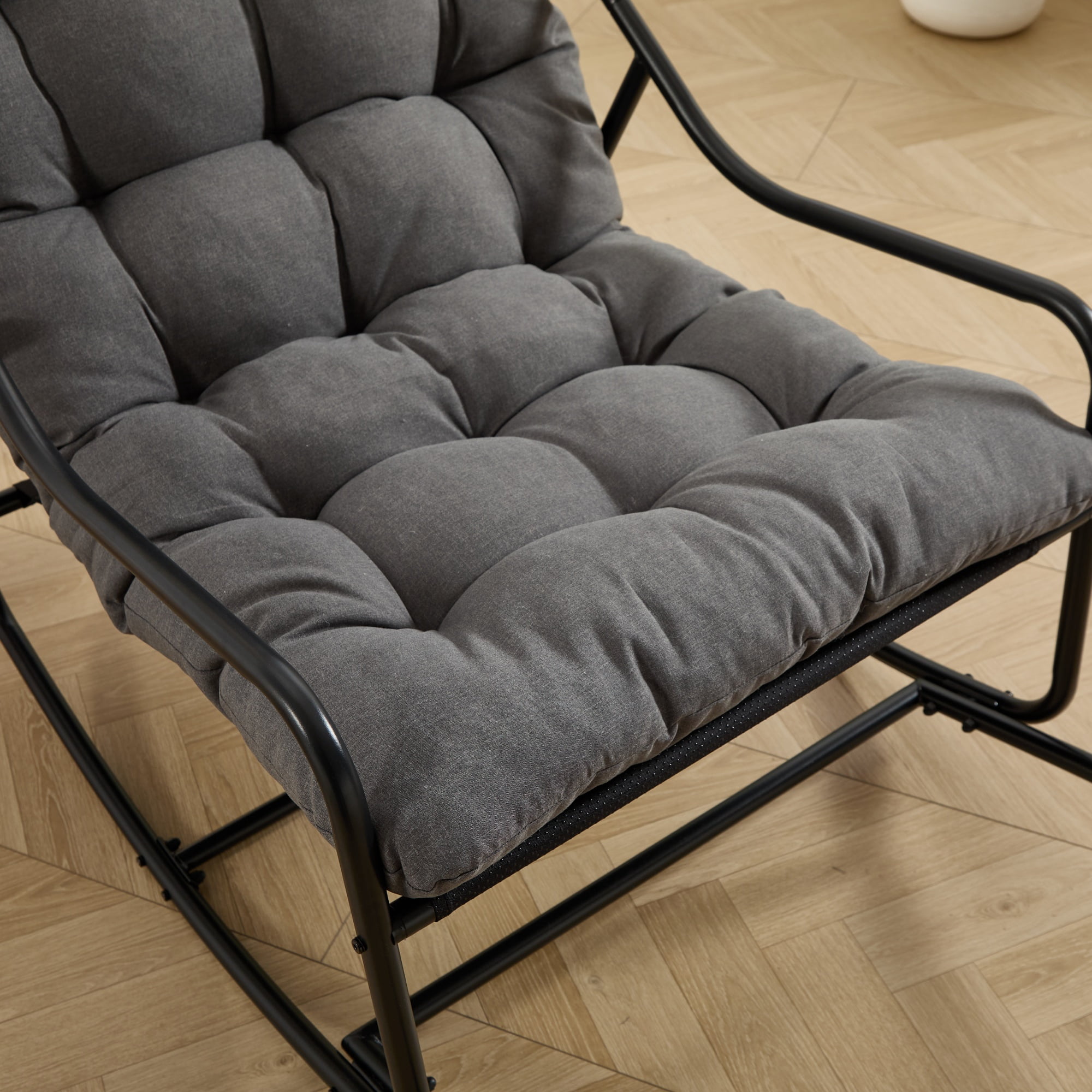 Outdoor Rocking Chair with Cushion, Patio Comfy Rocker with Thick Padding, Modern Sling Chair for Porch, Garden, Reading Nook, Black/Grey