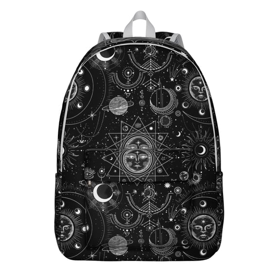 Mystical Goth Backpack, Lightweight School Bag with Starry Night Sky, Moon, and Sunburst Pattern
