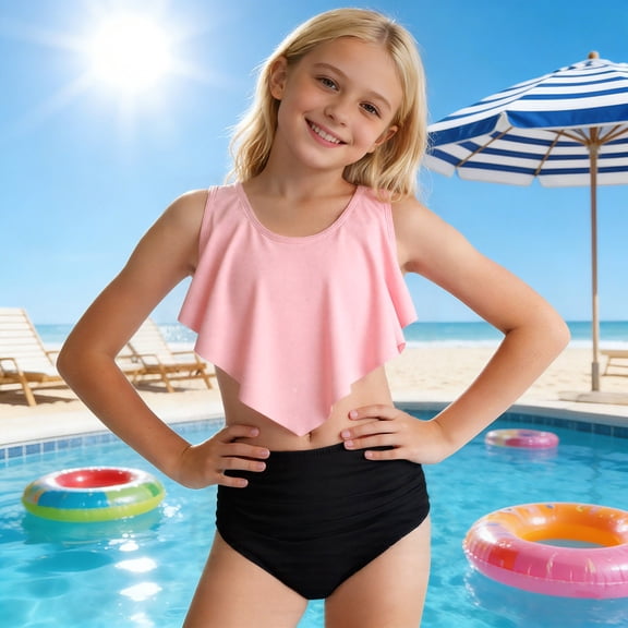 HOWPAY Swimsuits for Girls Summer Sleeveless Tankini Cut Out Bikini Bottoms Bathing Suit Solid Color Casual Quick Dry 2 Piece Swimwear Light Pink