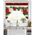 thumbnail image 2 of Christmas Balls Kitchen Curtains Swag Valance for Windows/Bathroom/Cafe, Winter Pine Branch Xmas Red Black Plaid Rod Pocket Drape Panel Swag Curtains Valance for Bedroom/Living Room 56"x36", 2 of 6
