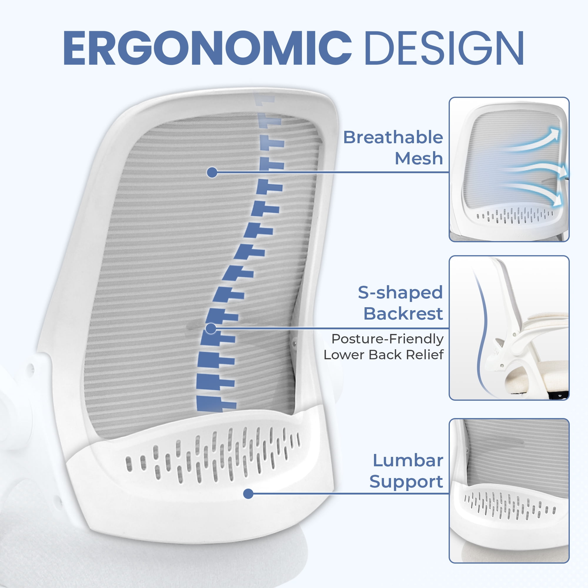 CELTOSS Ergonomic White Office Chair, Flip-Up Arms, Adjustable Lumbar Support, Ivory